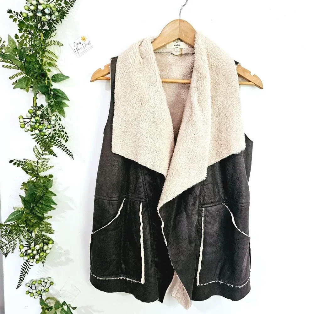 Entro Womens Sleeveless Faux‎ Shearling Vest S Black & Beige 《946》J